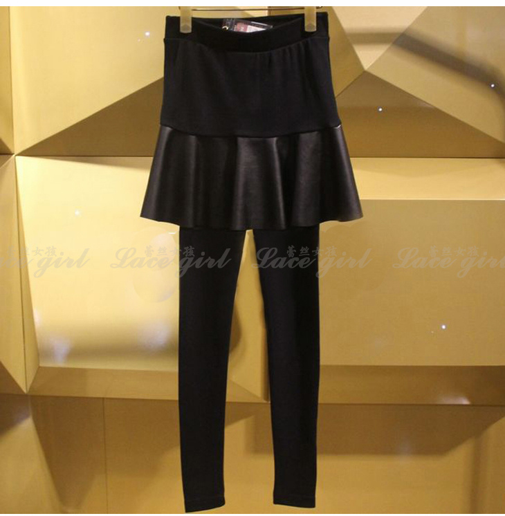 Casual legging all-match faux two piece leather skirt legging patchwork female trousers