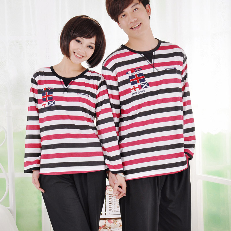 Casual male women's sleep set autumn knitted cotton stripe lounge