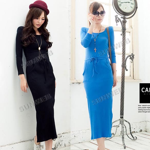 Casual New Women's Pure Color Long Sleeve Slim Open Fork Casual Long Knitting Dress free shipping 10114