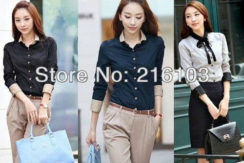 Casual OL Style Long Sleeve Solid Color Contrast Trim Color Shirt Blouse Top NO.0203