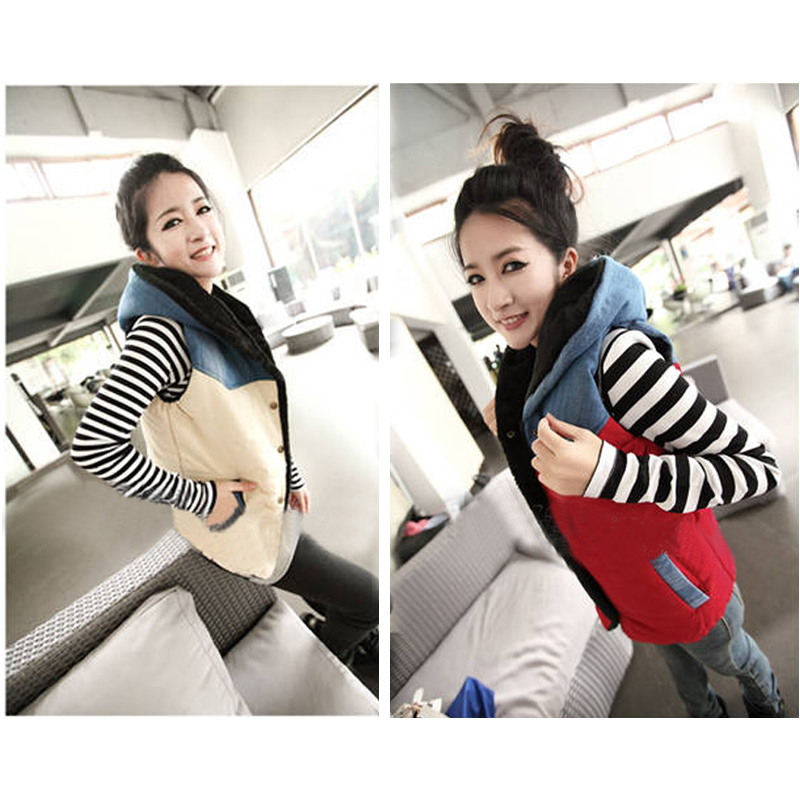 Casual patchwork denim hooded plus cotton all-match color block vest