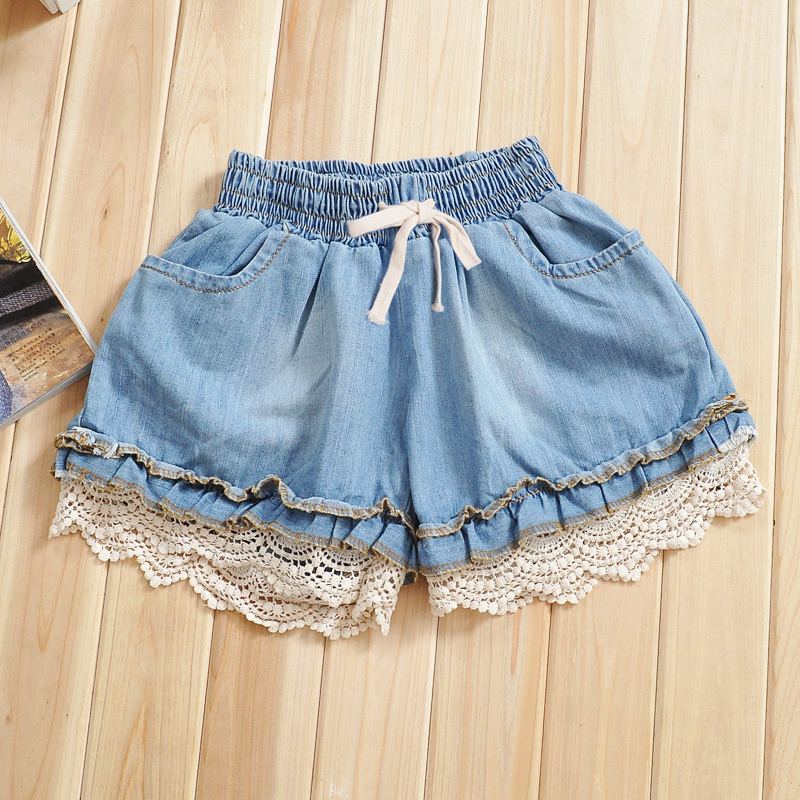 Casual plus size denim shorts laciness lace shorts beach shorts female vintage elastic waist free shipping