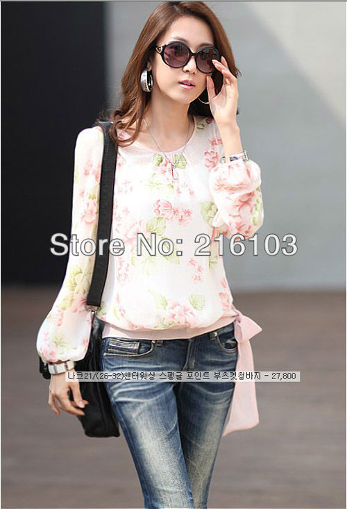 Casual Printing Translucent Hem Lace Long-sleeve Chiffon Blouse S  Blue Pink NO.0033