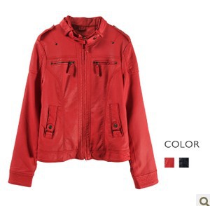 Casual stand-collar multi pocket washed PU leather jacket Women