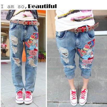 Casual Straight Baggy Frayed Denim Pants/ Loose Jeans With Colorful Patchworking Free Shipping 2110702