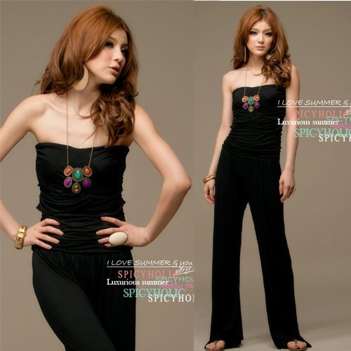 Casual Stylish Black Womens Pants Jumpsuit Playsuit Strapless Bodice Wide-leg  Wholesale