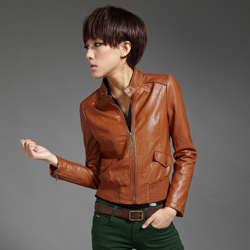 Casual trend new arrival brick red stand collar short design female leather clothing outerwear 11g3605