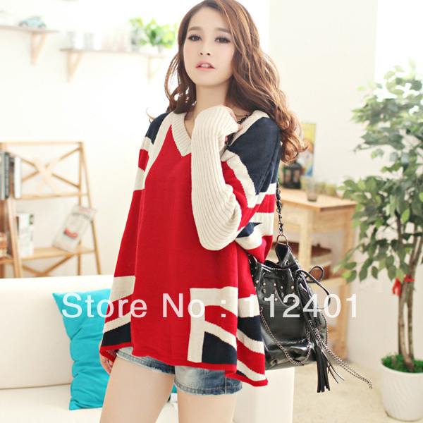 CASUAL UNION JACK LONG SLEEVE V-NECK LOOSE FIT SWEATER JUMPER RED