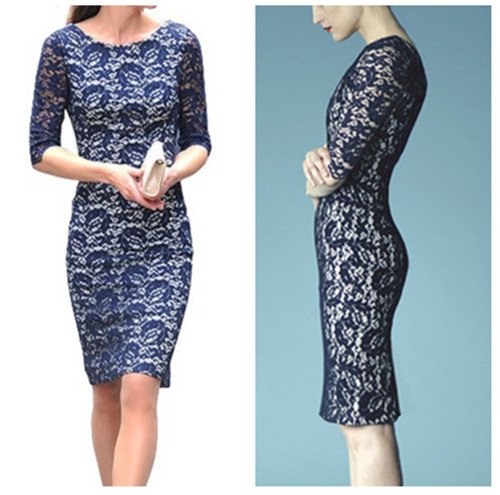 CASUAL WF-0016  ELEGANT 3/4 SLEEVE SLIM FIT BODYCON EMBROIDERY LACE DRESS PRINCESS BLUE