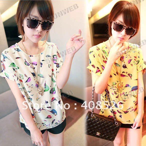 Casual Women Colorful Birds Batwing Short Sleeve Chiffon Blouse Loose T-shirt Tee Tops 2 Colors Yellow, Beige Free Shipping 5640