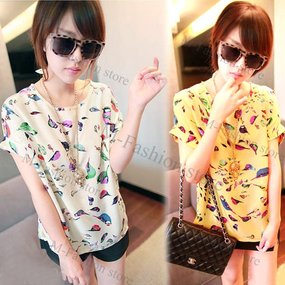 Casual Women Colorful Birds Chiffon Batwing Short Sleeve Blouse Loose fashionT-shirt Tee Tops 2 Colors Yellow, Beige 5640