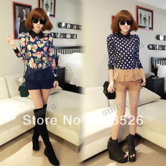 Casual Women's Collar Polka Dot/Flowers Long Sleeve Blouse Tops free shipping 10136