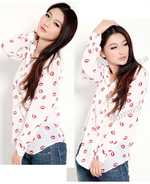 Casual Women's Ladies Vintage Europe Style Long Sleeve Red Lips Print Chiffon Shirt Blouse S,M,L Free shipping 11117