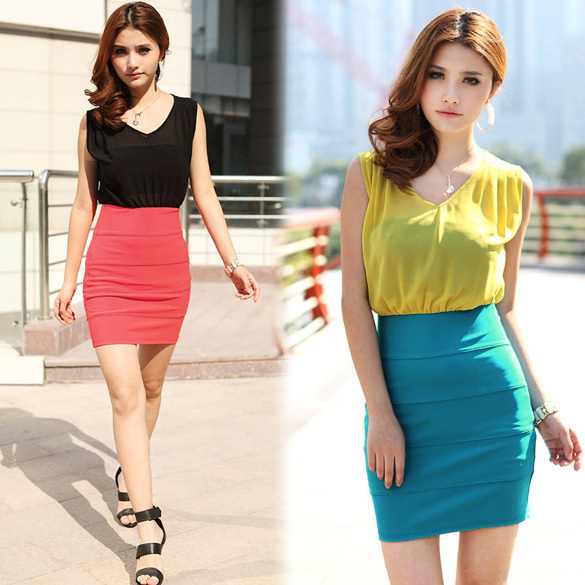 Casual Women's Slim Translucent Sleeveless Splicing Over Hip Mini V-neck Dress free shipping 10258