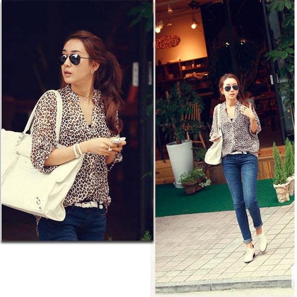 Casual womens Leopard Print Button Down 3/4 Sleeve Ladies Shirt Blouse Tops S M L A1052