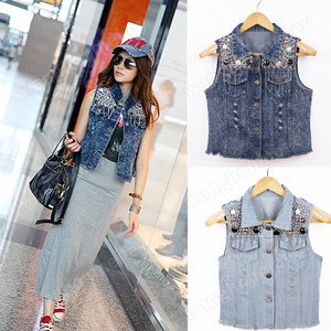 Casual Womens Punk Jean Vest Sleeveless Jacket Sequins Denim Waistcoat