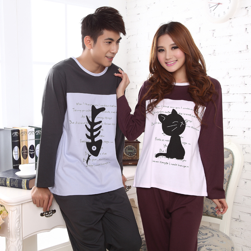 Cat fish lovers sleep set spring and autumn long-sleeve knitted cotton lounge male 1551 female 1552