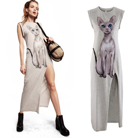 Cat print single vent Light gray one-piece dress cuff roll up hem pockets sleeveless tank dress