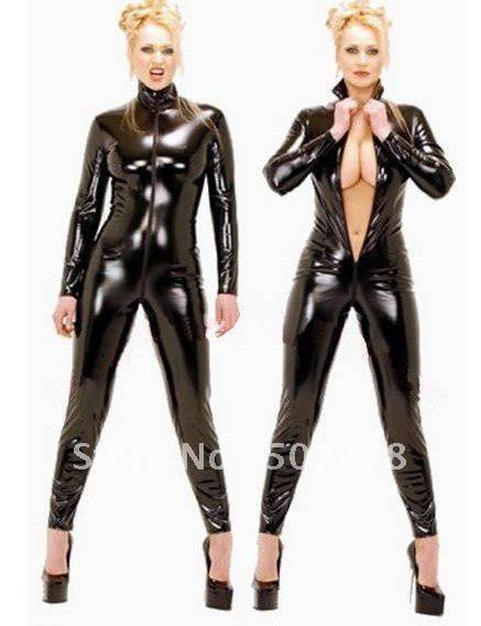 Cat Suit With Deep V White Zipper Front Leather Lingerie Sexy Lingerie wholesale retail 8202