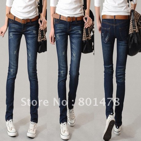 Cat wearing white tight elastic pencil jeans low-waist female trousers 6602