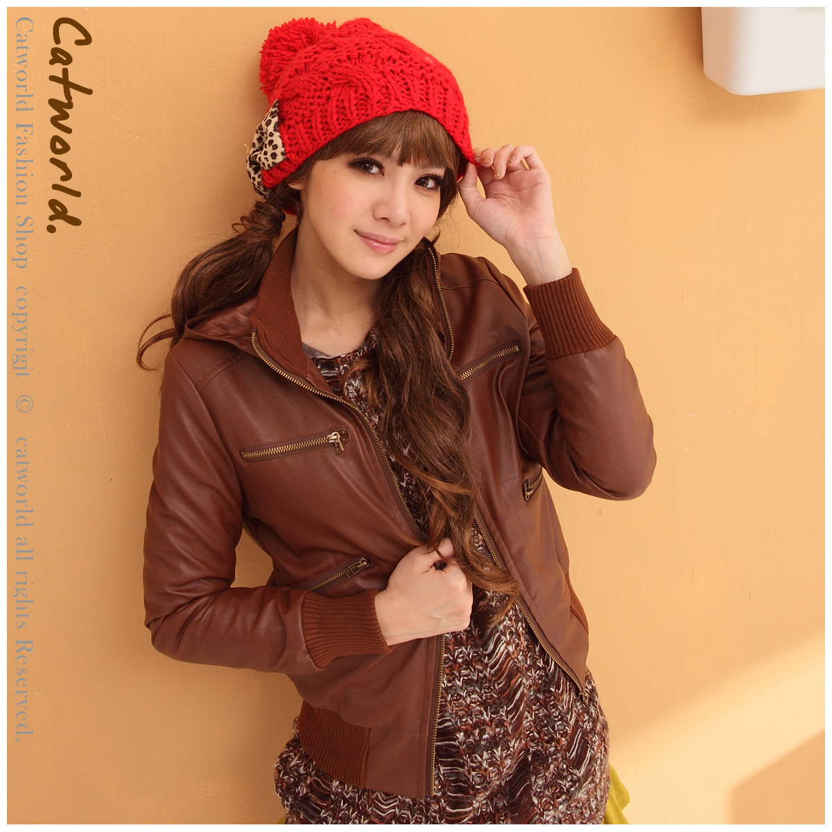 Catworld winter 15001342 cap zipper style faux leather clothing outerwear