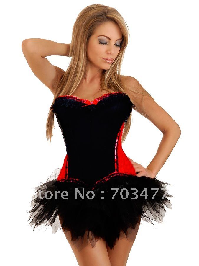 CB1636a New fashion Corset with mini dress Overbust Corset Bustier Red and Black Free Shipping 2012 Wholesale and Retailer Sexy