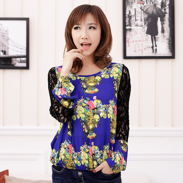 Cd1-2 spring women's vintage fancy pattern lace crotch patchwork long-sleeve chiffon shirt 520