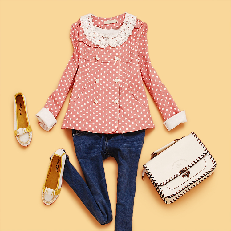 Cd2-3 autumn and winter women 2012 polka dot peter pan collar double breasted long-sleeve coat