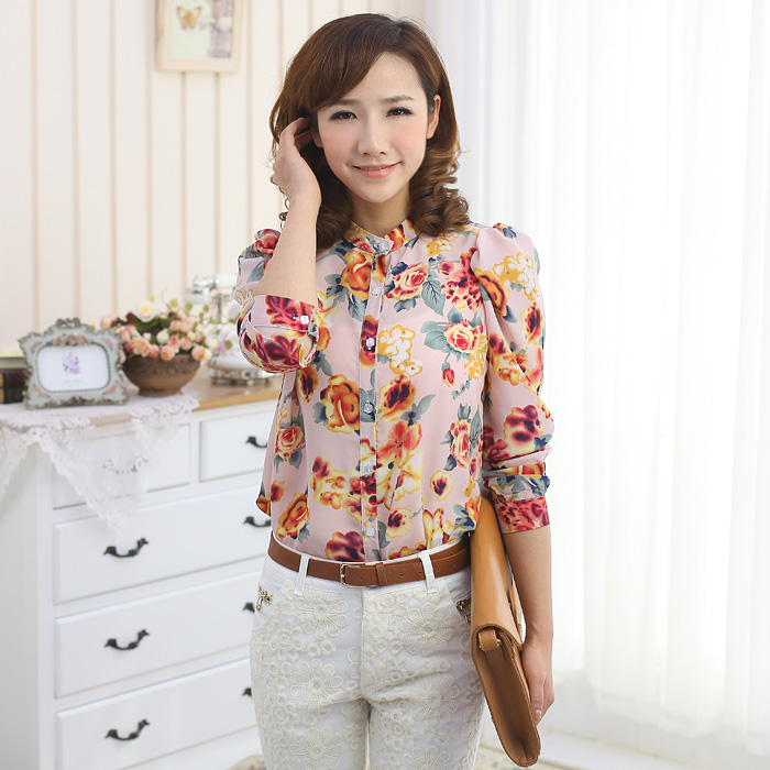 Cd5-4 spring 2013 stand collar fashion large print pleated puff sleeve long-sleeve shirt