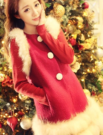 Ceremonized vest kaki raccoon fur sleeveless red bow woolen doll vest skirt