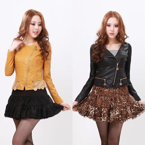 [Cerlony]Free Shipping Ladies Leather Jacket Women Cute Litter Lace Zip up PU Jacket Faux Leather clothing Cropped PU13