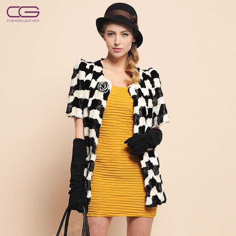 Cg 2012 black-and-white puff sleeve mink overcoat women's fur coat