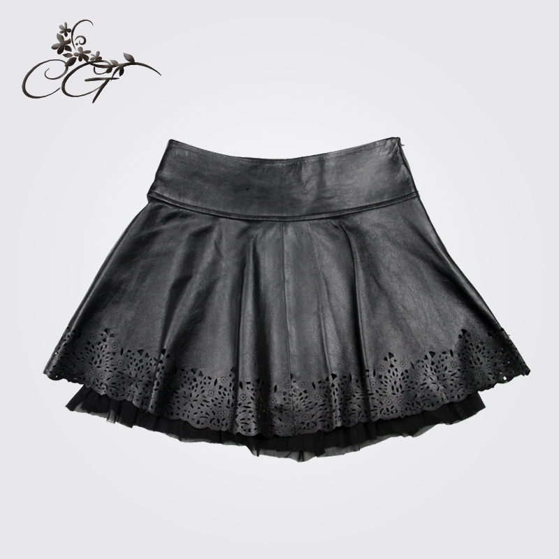 Cg 2012 spring sheepskin lace hole-digging pleated skirt bust skirt short skirt genuine leather skirt