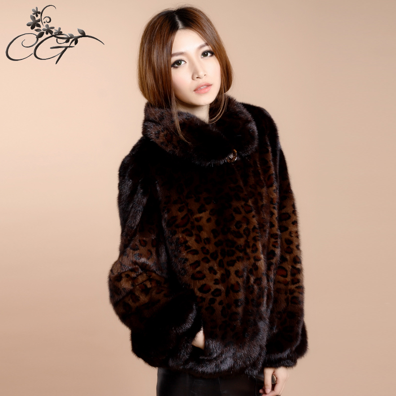 Cg brown leopard print mink overcoat female fur coat