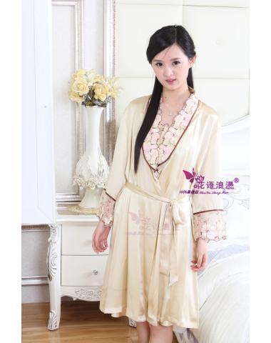 Champagne color romantic florid n108-1 silk sleepwear noble robe