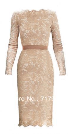 Champagne Long Sleeve Floral Lace Scalloped Hem Dress