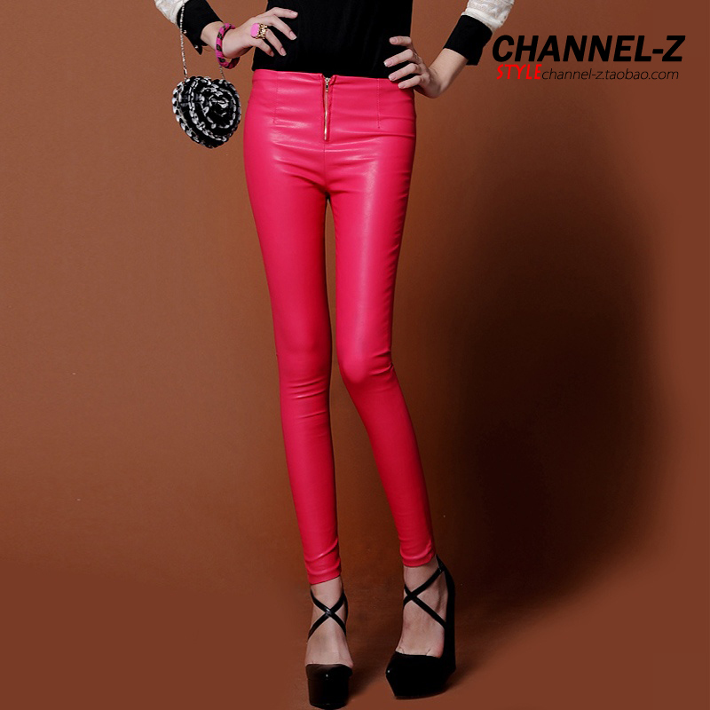 Channel-z 2012 autumn and winter fashion all-match front zipper vintage slim pencil faux leather trousers leather pants