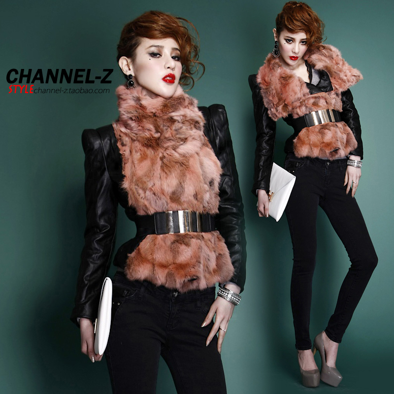 Channel-z 2012 autumn and winter fashion star style turtleneck rabbit fur cummerbund slim fur leather clothing outerwear