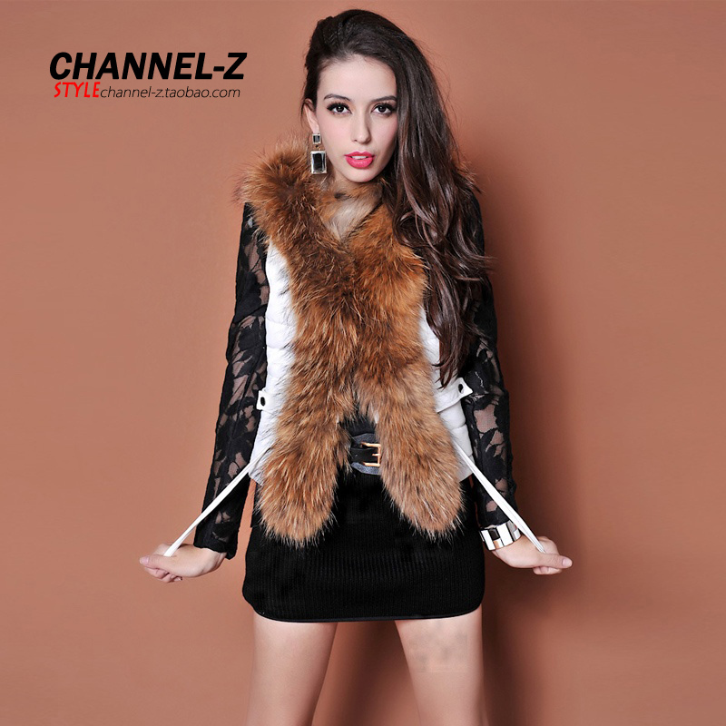 Channel-z 2012 autumn and winter fashion vlsivery large raccoon fur collar fur PU genuine leather lacing thickening