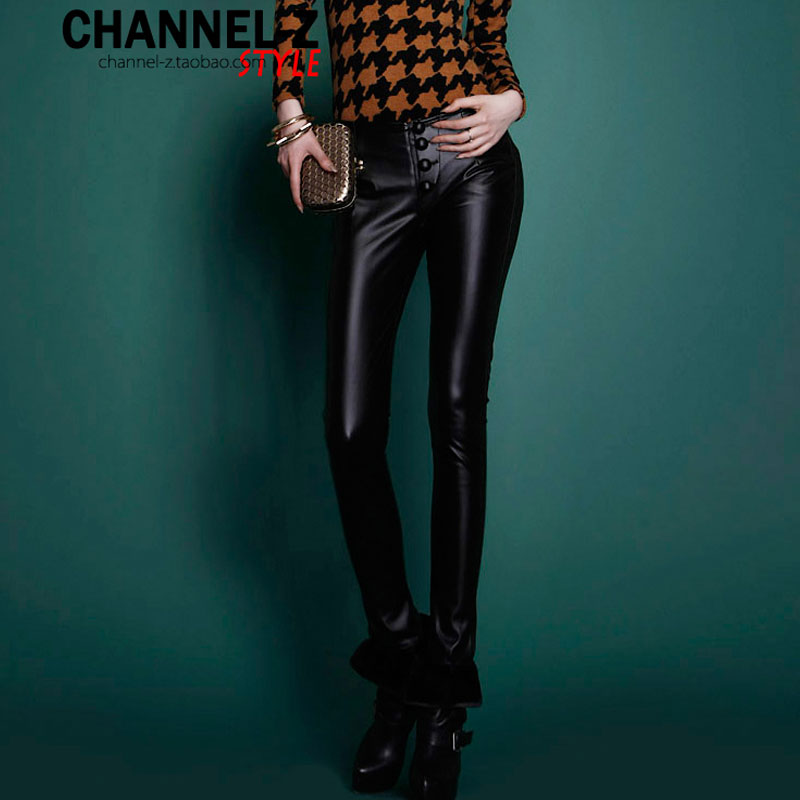 Channel-z 2012 fashion autumn and winter buckle high quality PU slim winterisation leather pants