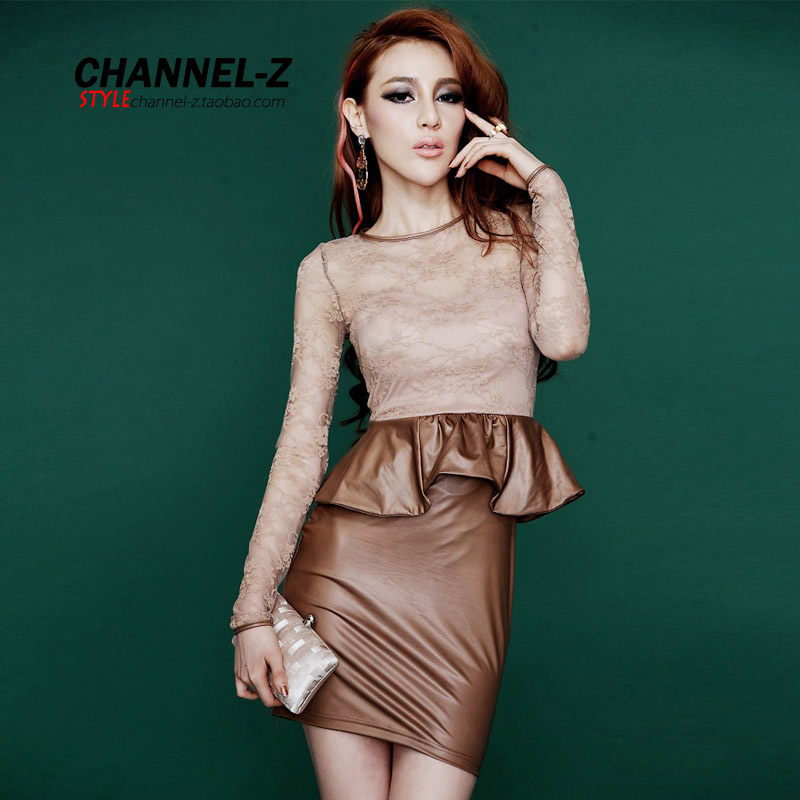 Channel-z 2012 fashion autumn and winter vintage lace embroidery high waist ruffle patchwork faux leather one-piece dress