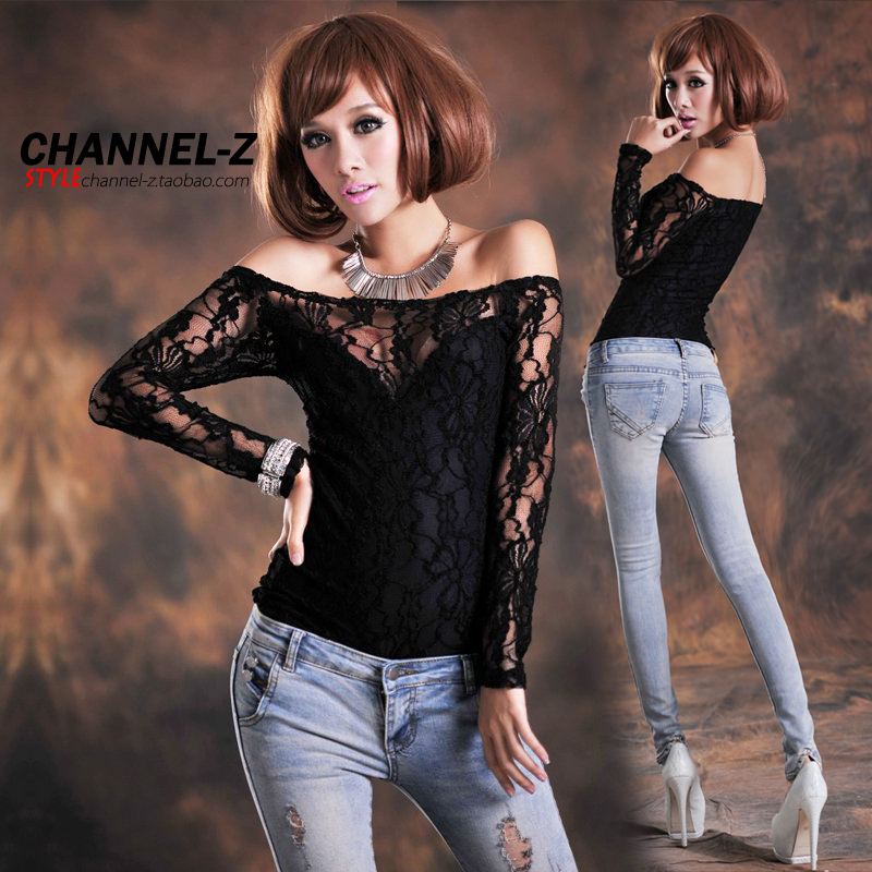 Channel-z 2013 spring and summer female fashion sexy slit neckline strapless long-sleeve cutout perspectivity lace shirt t-shirt