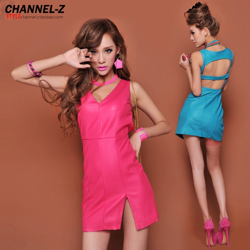 Channel-z  fashion autumn and winter sexy placketing racerback faux PU sleeveless one-piece dress leather skirt