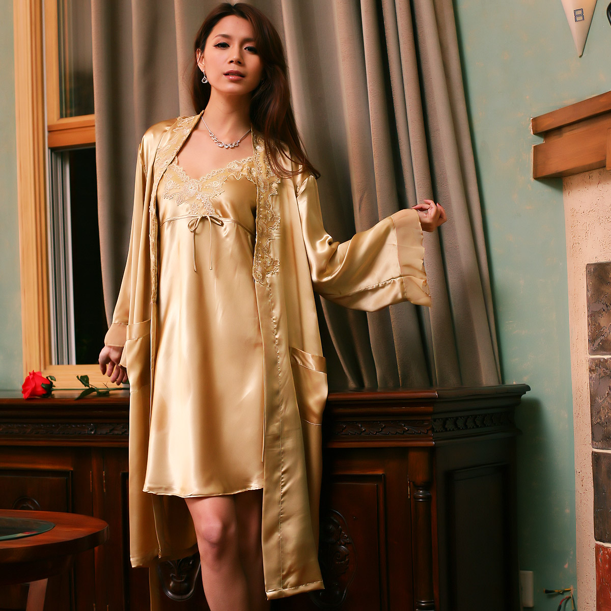 Charming embroidery spaghetti strap silk nightgown female robe twinset 6 007