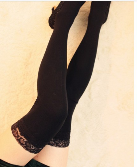 charming  female vintage lace over-the-knee socks  solid color stockings  BLACK FREE SHIPPING