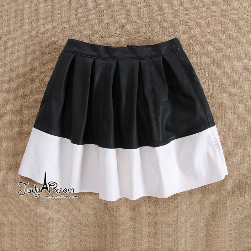 Charming long paragraph black and white color block high waist plus velvet skirt a bust leather skirt sheds