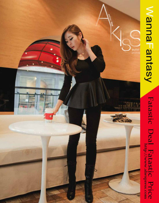 Charming Scoop Neck Long Sleeve Solid Color PU Leather and Cotton Blend Splicing Dress For Women