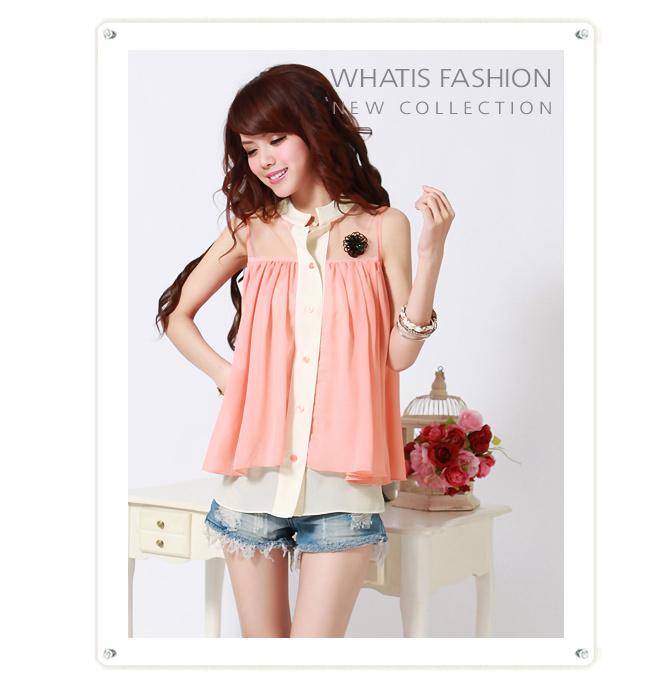 Charming shirt stand collar double layer chiffon elegant sleeveless shirt belt brooch /FREE SHIPPING BY CPAM