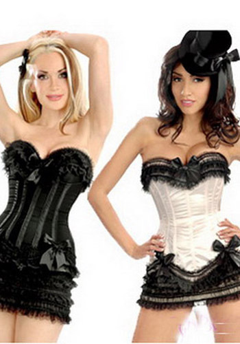 Cheap! Black&White Corsets Lace Trim bows Camisole Spandex Satin Bodyshaper Polished Cool Slim Overbust