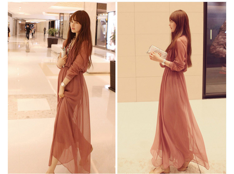 Cheap New  V-neck chiffon pleated beach dress long-sleeve twinset one-piece dress full dress